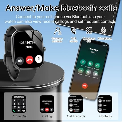 Smartwatch and smartphone showing Bluetooth call features with dial pad and call records.