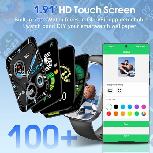 Smartwatch with customizable watch faces and app interface.