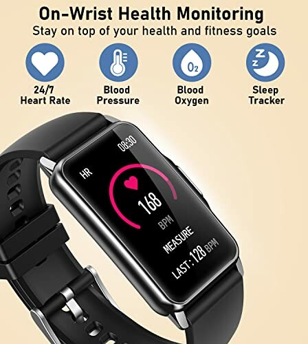 Smartwatch displaying health monitoring features like heart rate, blood pressure, and sleep tracking.