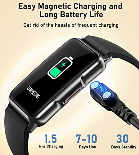 Smartwatch with magnetic charging and long battery life features.