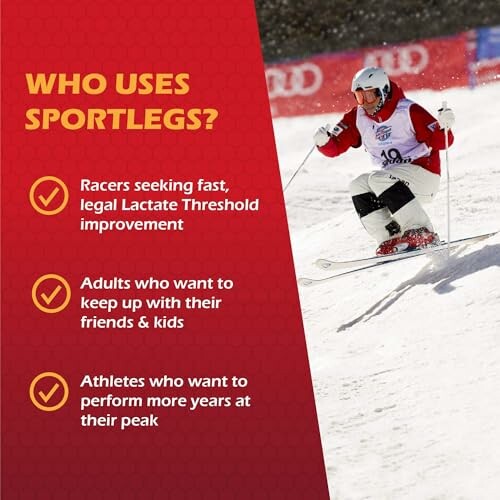 Skier with text about Sportlegs benefits
