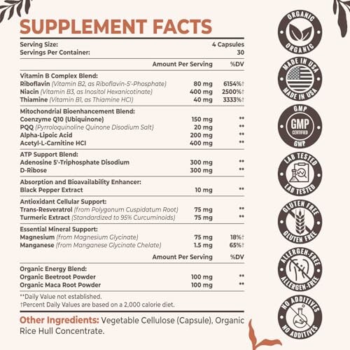 Supplement facts label with ingredient list and certifications.