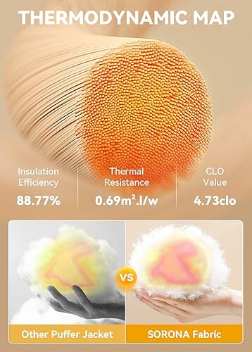Thermodynamic map comparing insulation efficiency and CLO value of puffer jacket vs. Sorona fabric.