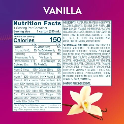 Vanilla drink nutrition facts and ingredients label.
