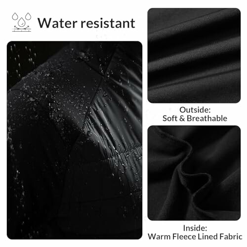 Water-resistant jacket with soft breathable exterior and warm fleece lining.