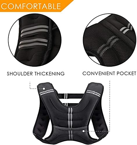 Black weighted vest with shoulder thickening and convenient pocket.