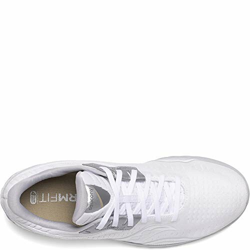 Top view of a white running shoe with gray accents.