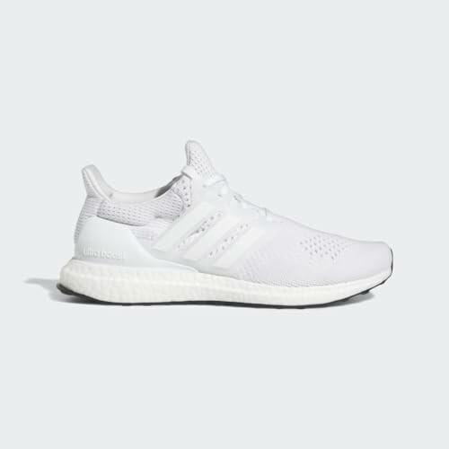 White running shoe with mesh upper and cushioned sole.