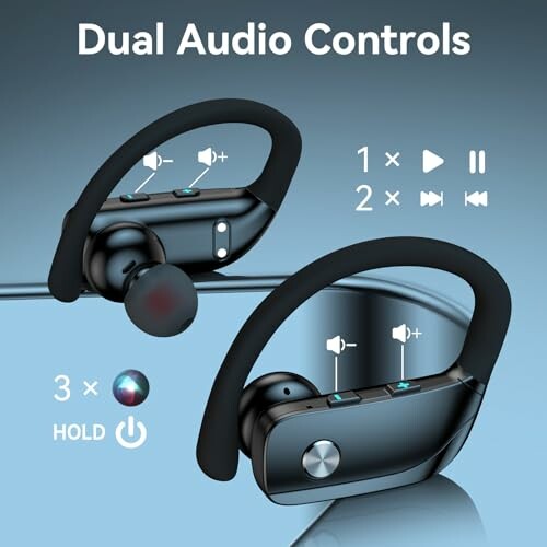 Wireless earbuds with dual audio controls and buttons for play, pause, and volume.