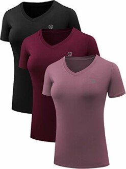 Pack of three women's V-neck T-shirts in black, burgundy, and pink.