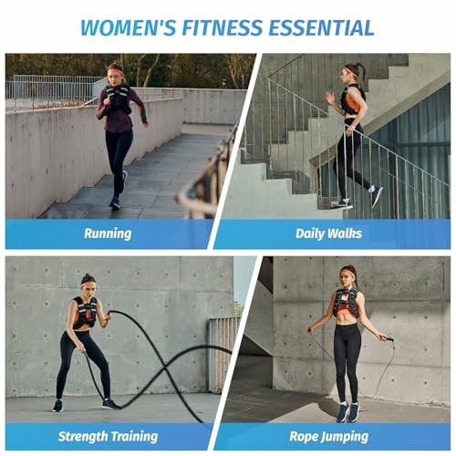 Collage of women engaged in running, daily walks, strength training, and rope jumping.